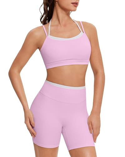 OMKAGI Workout Sets for Women Cute Doubel Layer Open Back Sports Bras Gym Shorts Outfits(XL,566-Light Pink) | Amazon (US)
