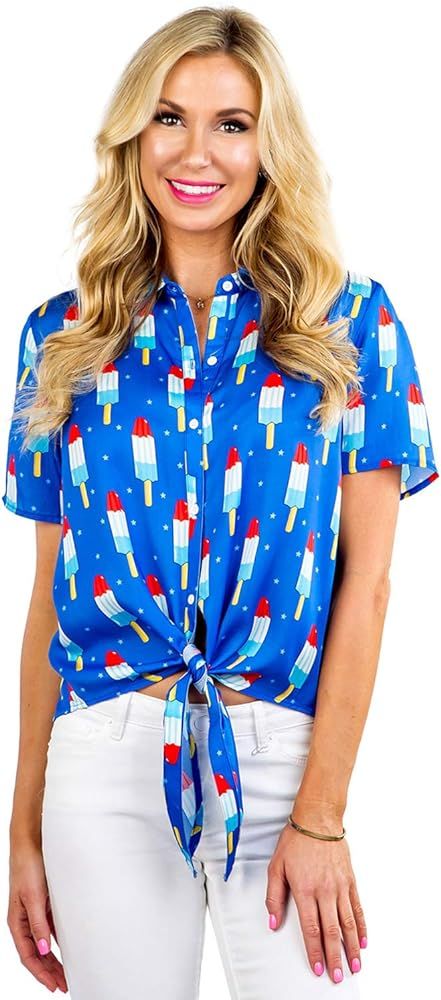 Women's USA Patriotic Tie Shirt - Cute American Flag Patriotic Hawaiian Shirt for Ladies | Amazon (US)