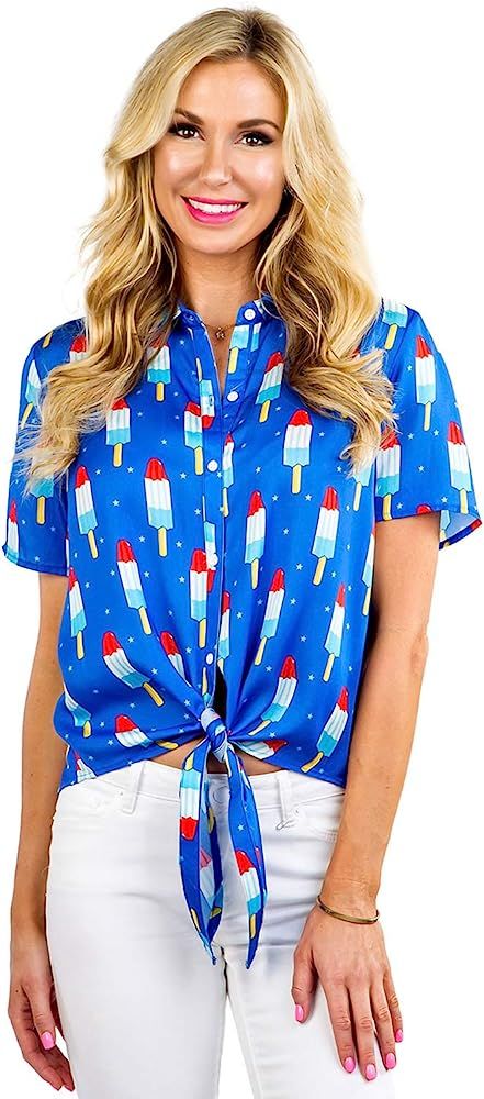 Women's USA Patriotic Tie Shirt - Cute American Flag Patriotic Hawaiian Shirt for Ladies | Amazon (US)