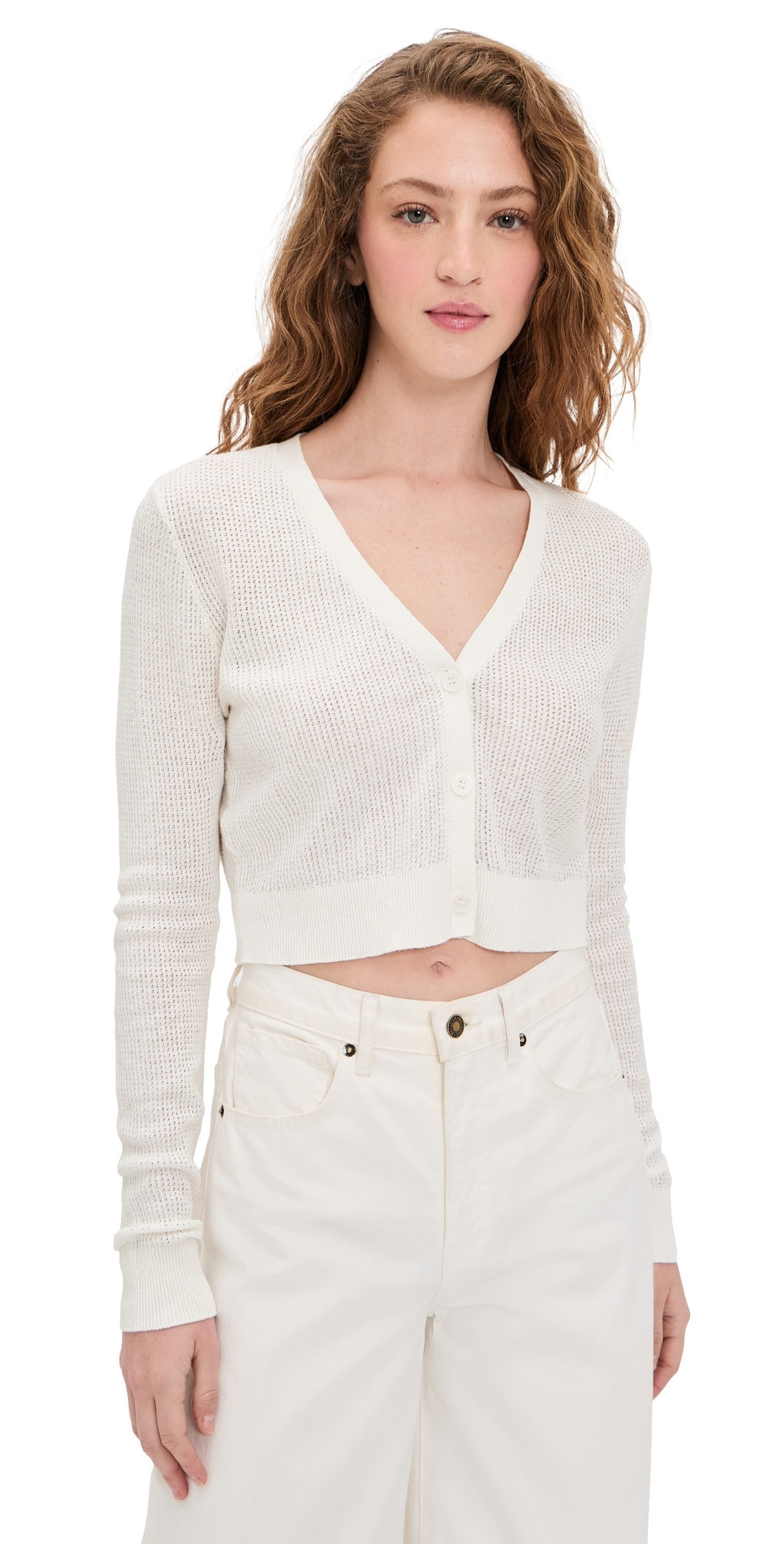 Enza Costa Linen Open Knit Cropped V Neck Cardigan Off White XL | Shopbop