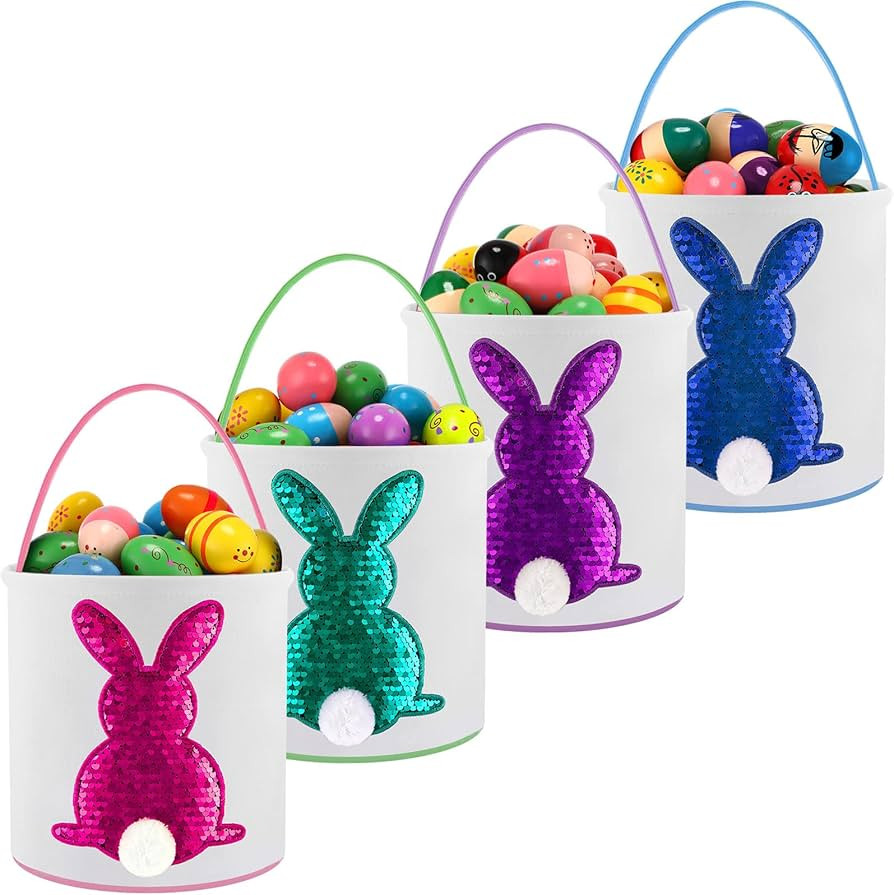 4 Pcs Easter Basket Bags Canvas Bunny Basket Egg Bag Bunny Tote Bag Easter Eggs Hunt Basket Bucke... | Amazon (US)