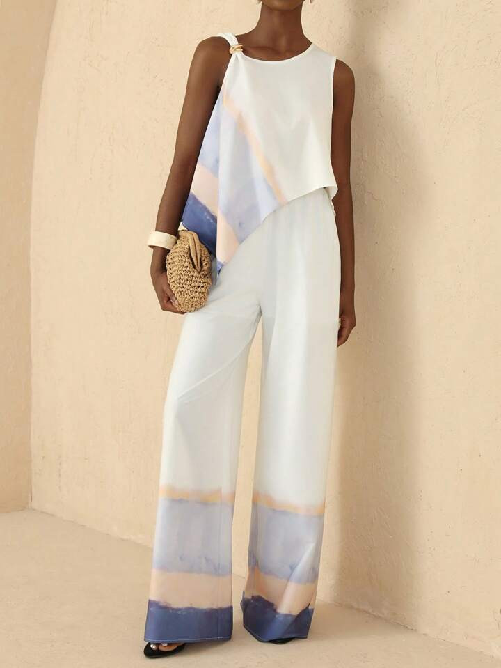 Vesra 1 Set Metallic Decor One-Shoulder Top + Fitted Pants | SHEIN