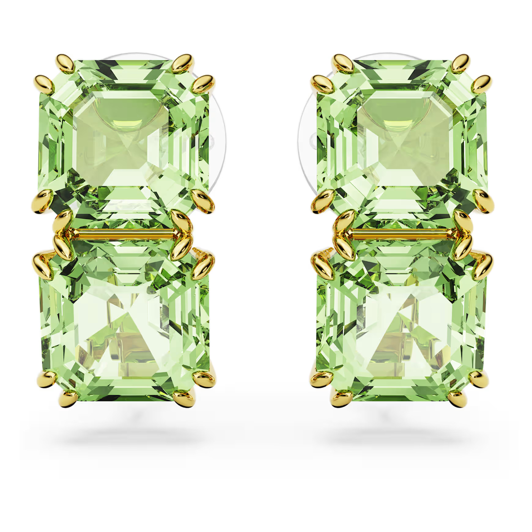 Millenia clip earrings, Square cut, Green, Gold-tone plated by SWAROVSKI | SWAROVSKI