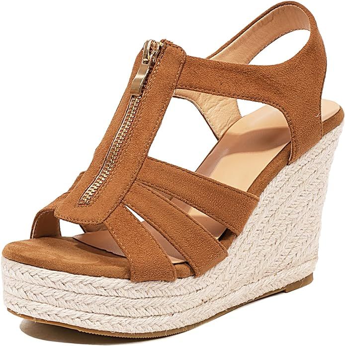 Gerulata Front Zipper Espadrilles Wedge Platform Sandals for Women Suede Open Toe High Heel Sanda... | Amazon (US)
