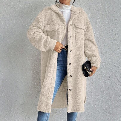Solid Color Mid-Length Fuzzy Collar Casual Coat, Autumn/Winter Clothes Thermal | SHEIN