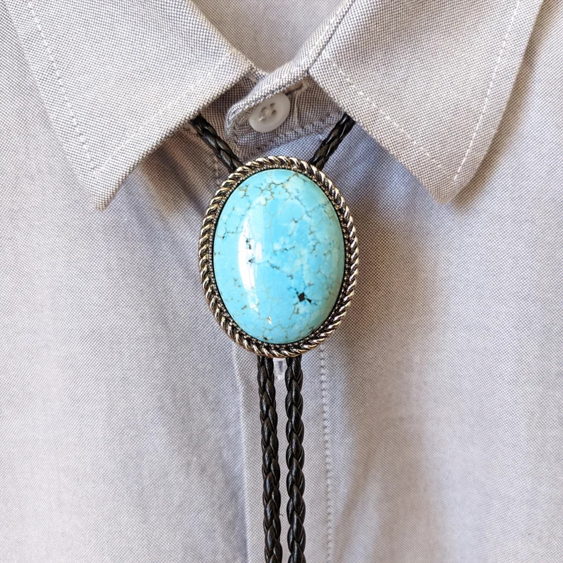 Natural Turquoise Bola Bolo Tie Wedding Necklace PU Leather Rope Western Cowboy Native American S... | Etsy (US)