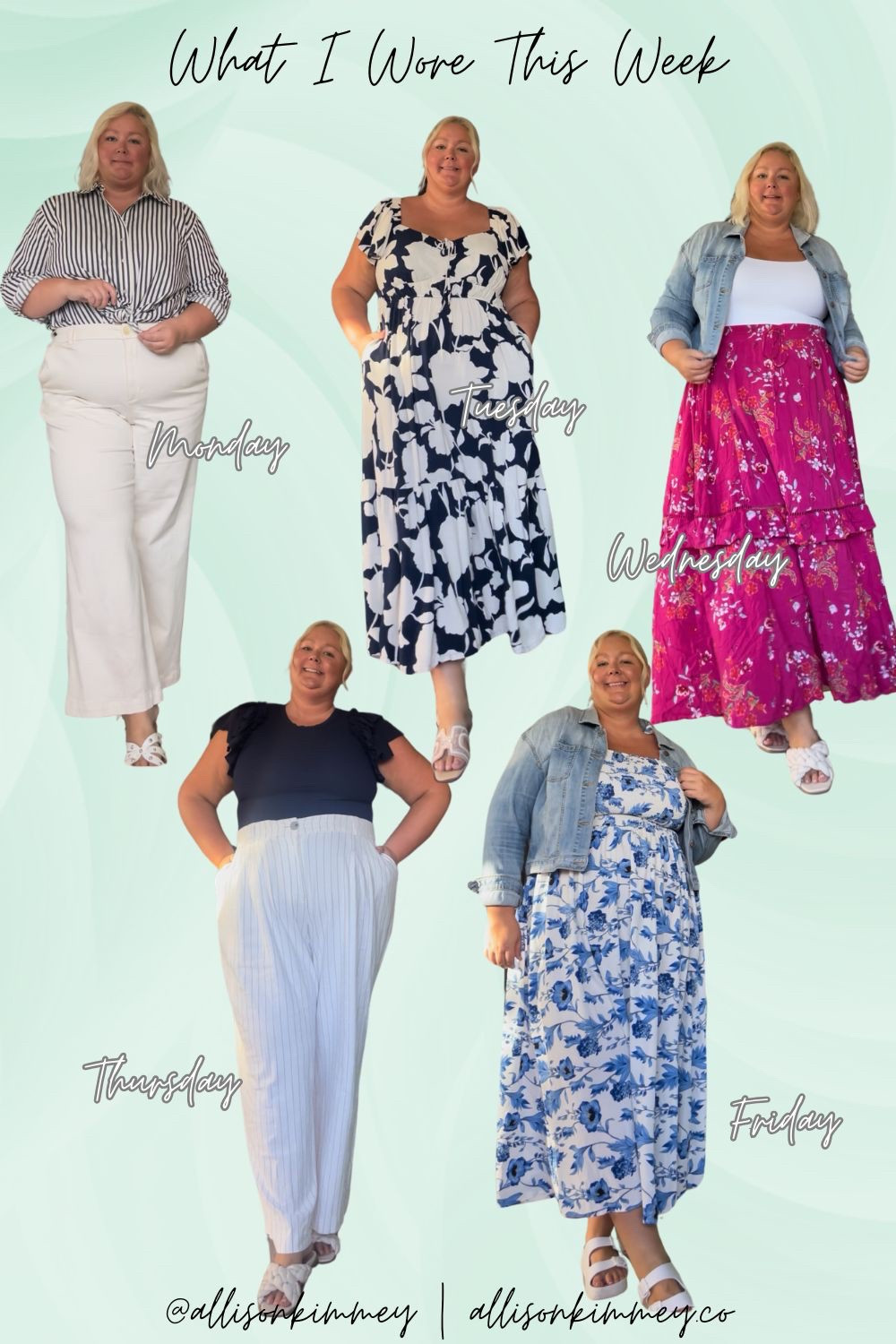 What I wore this week to work! These fits are in my normal rotation: Maxi dresses, wide leg pants, & denim jackets. Which fit is your favorite? Whether I’m at the beach or in the boardroom, the most important accessory I wear is my confidence 🫶🏼 Not all pieces are still available but I shared some similar items.
Just do you babes!
Xoxo
Allie

#LTKPlusSize #LTKWorkwear #LTKFindsUnder100