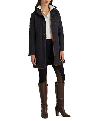 Petite Hooded Quilted Faux-Suede-Trim Coat | Macy's