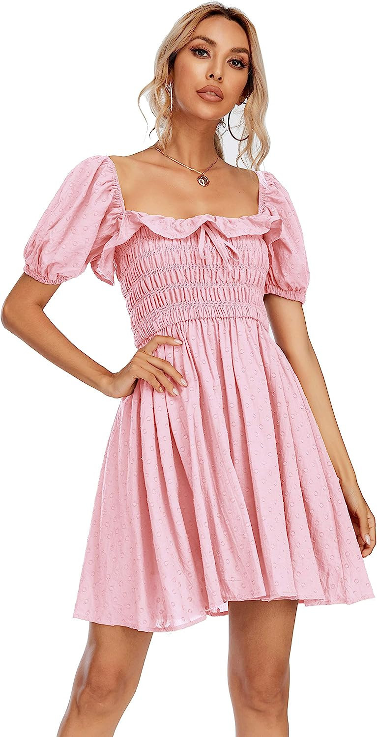 R.Vivimos Women's Summer Linen Short Sleeve Ruffled Floral Print Swing Dress | Amazon (US)