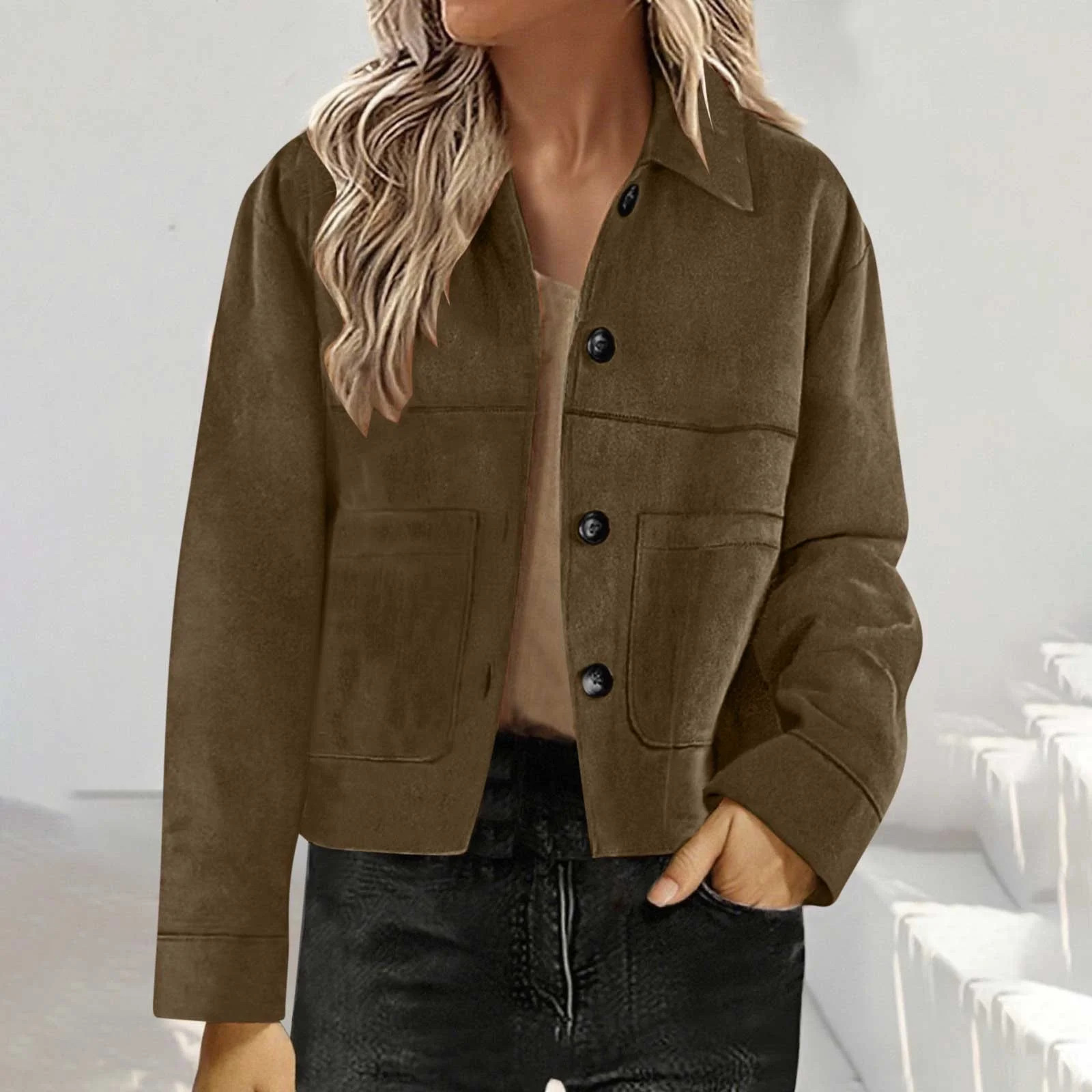 UQJfacai Womens Faux Suede Cropped Jacket Casual Lightweight Button Down Fall Jackets Fashion Col... | Walmart (US)