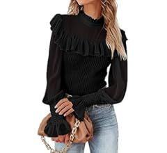 KIRUNDO Womens Fashion Fall Sweaters Ruffle Mock Neck Bell Sleeve Chiffon Patchwork Knit Pullover... | Amazon (US)