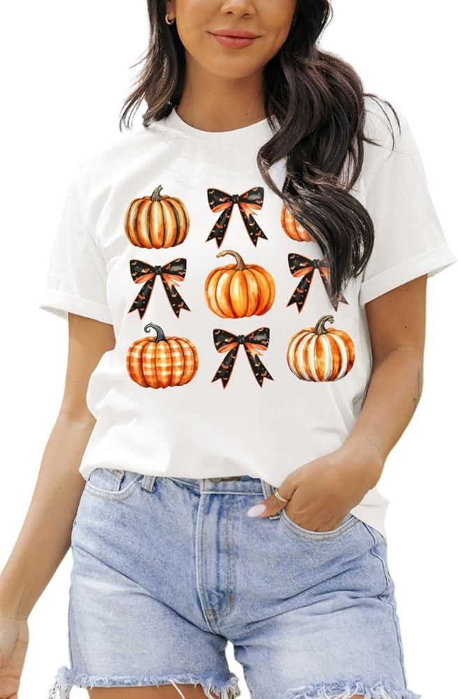 White Halloween Pumpkin Bow Knot Print Crew Neck Tee Shirt Short Sleeve Women Tops | Amazon (US)