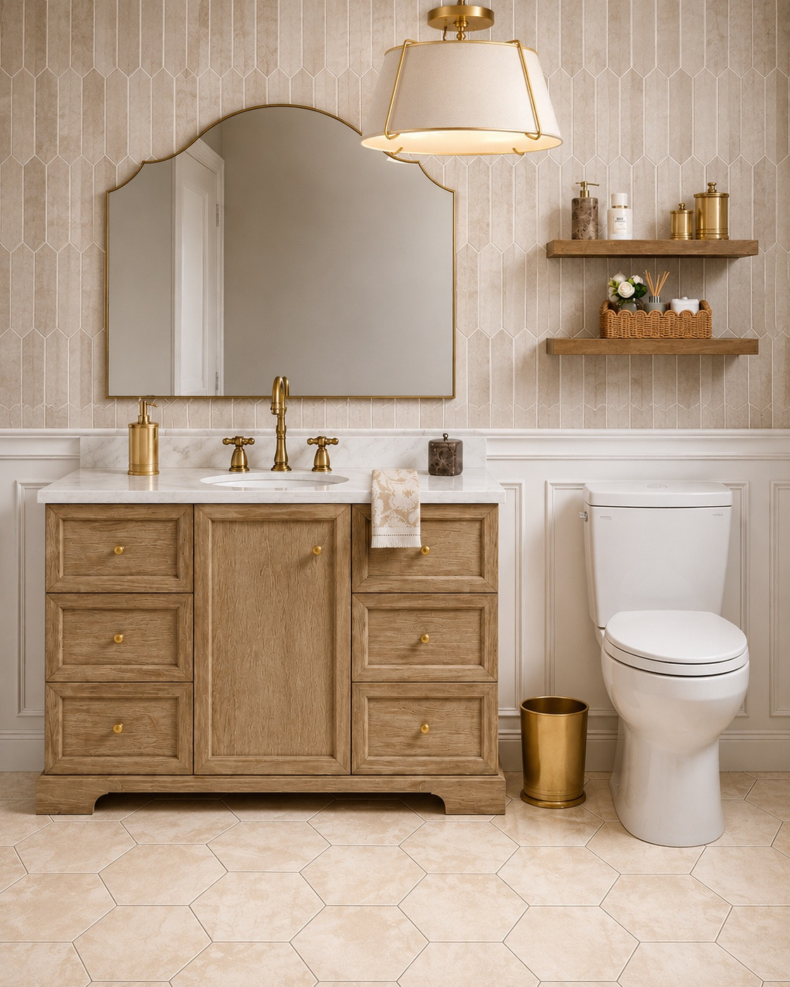 Classic bathroom featuring warm glass tile, oak vanity, hexagon flooring and gold accents.

#LTKHome