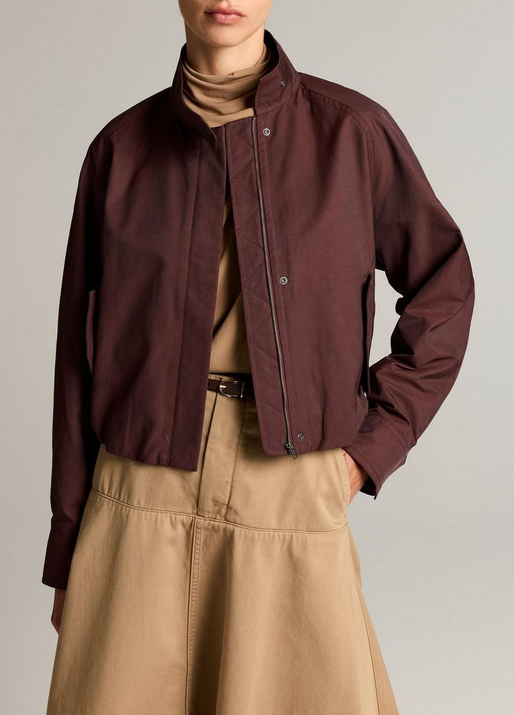 Women's Cotton-Blend Funnel-Neck Jacket, Cherrywood, Size XXS Vince | Vince LLC