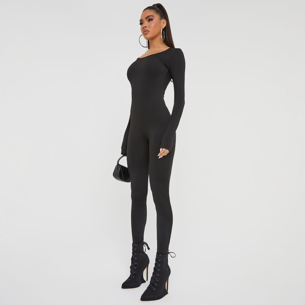 Long Sleeve Scooped Neck Seamless Jumpsuit In Black Jersey | EGO (UK)