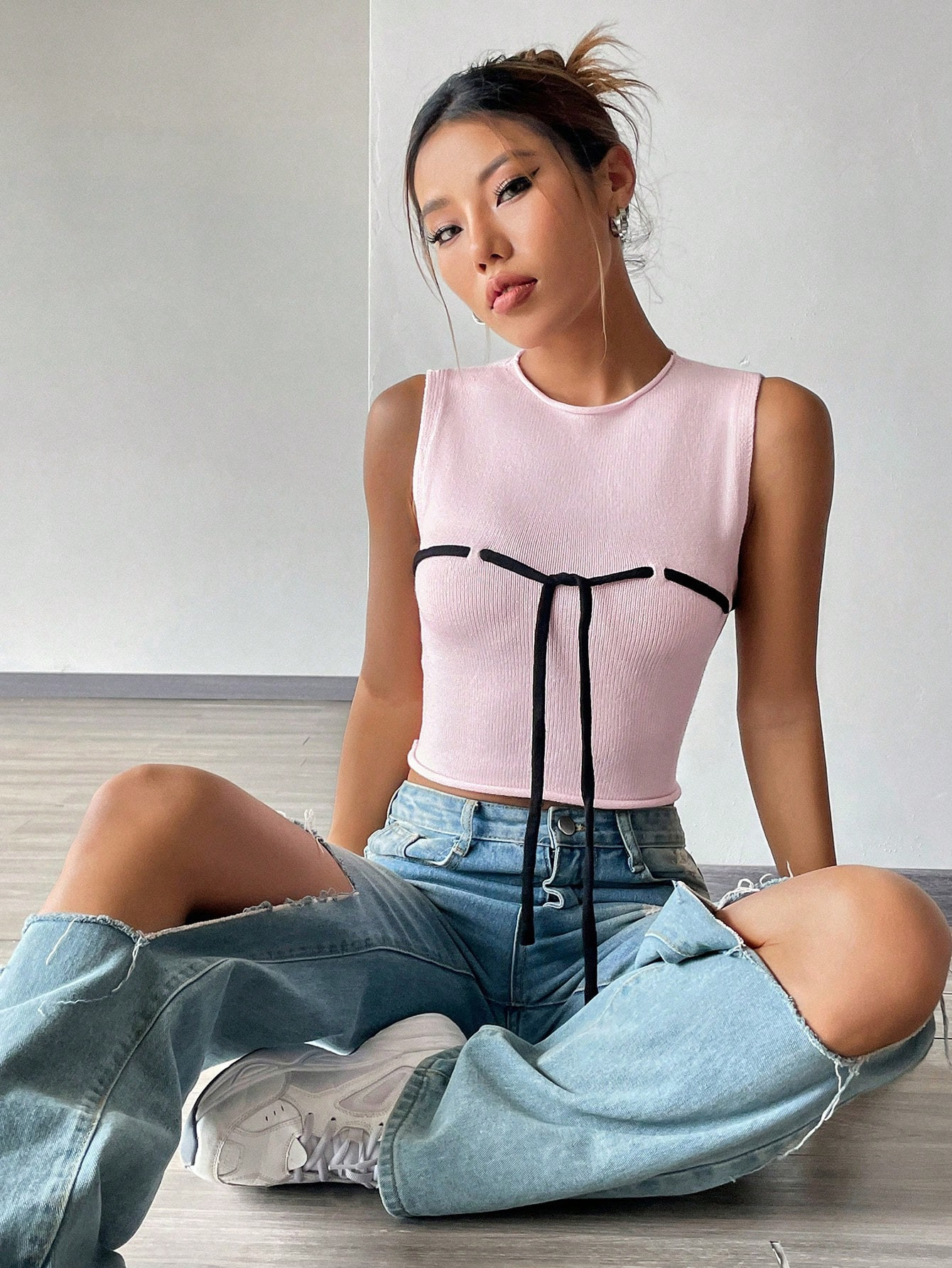 SHEIN Qutie Tie Front Crop Knit Top | SHEIN