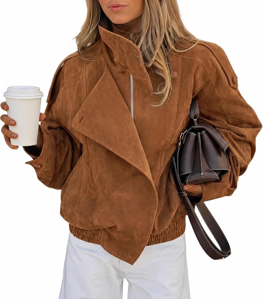 Cicy Bell Womens Oversized Suede Jackets Stand Collar Zipper Fall Coats | Amazon (US)