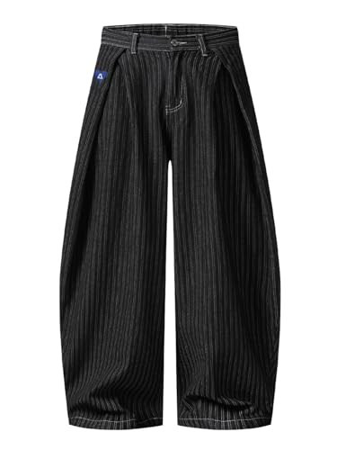 Aelfric Eden Pinstripe Baggy Barrel Jeans Pleated Wide Leg Denim Pants Men Women Loose Fit Streetwear Vintage Trousers Black M | Amazon (US)