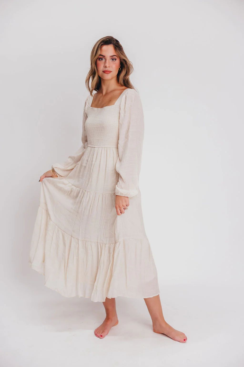 Hollis Smocked Bodice Maxi Dress in Light Taupe | Worth Collective