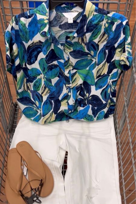 Walmart summer outfit idea with this linen blend shirt with roll cuff sleeves, tts small, and white straight leg high rise jeans (tts 6). 

#LTKStyleTip #LTKFindsUnder50 #LTKOver40