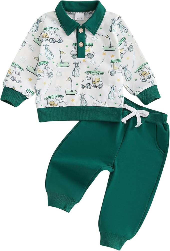 Chloefairy Toddler Baby Boy Golf Outfit Golf Cart Print Polo Sweatshirt Top Long Pants Set 2Pcs B... | Amazon (US)