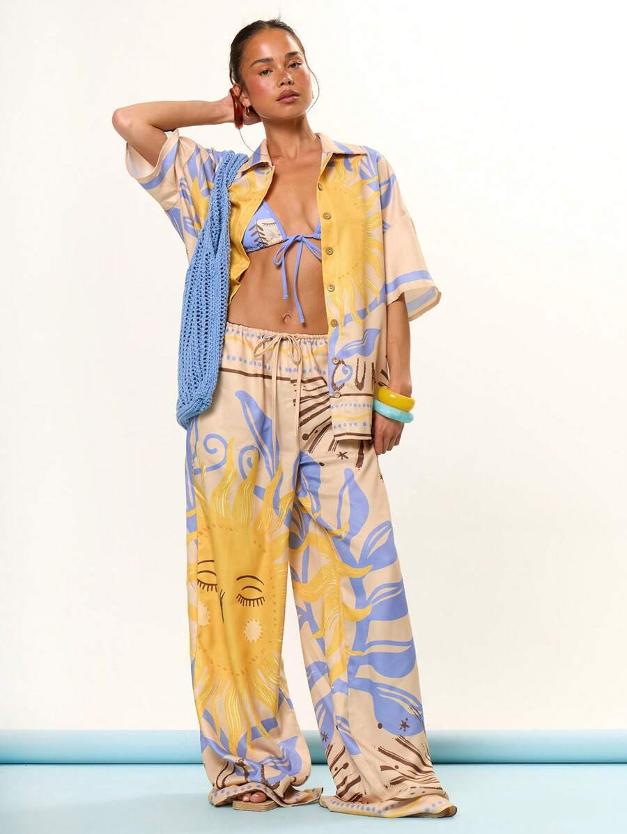 MUSERA Wide Leg Tie Front Graphic Sun Solar Print Trousers Beach Cover Up Swim Summer Vacation Ho... | SHEIN