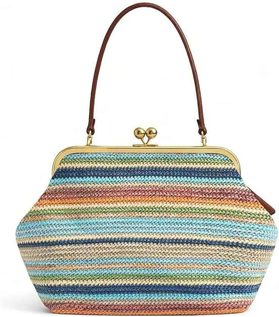 Kiss Lock Purses and Handbags Straw Purse Large Kisslock Bag Kiss-Lock Woven Bag Kiss Clasp Shoul... | Amazon (US)