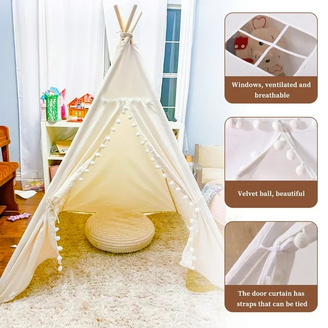 Teepee Tent for Kids, Play Tent with Pompom Ball Design,Washable Foldable Kids Tent for Indoor an... | Walmart (US)