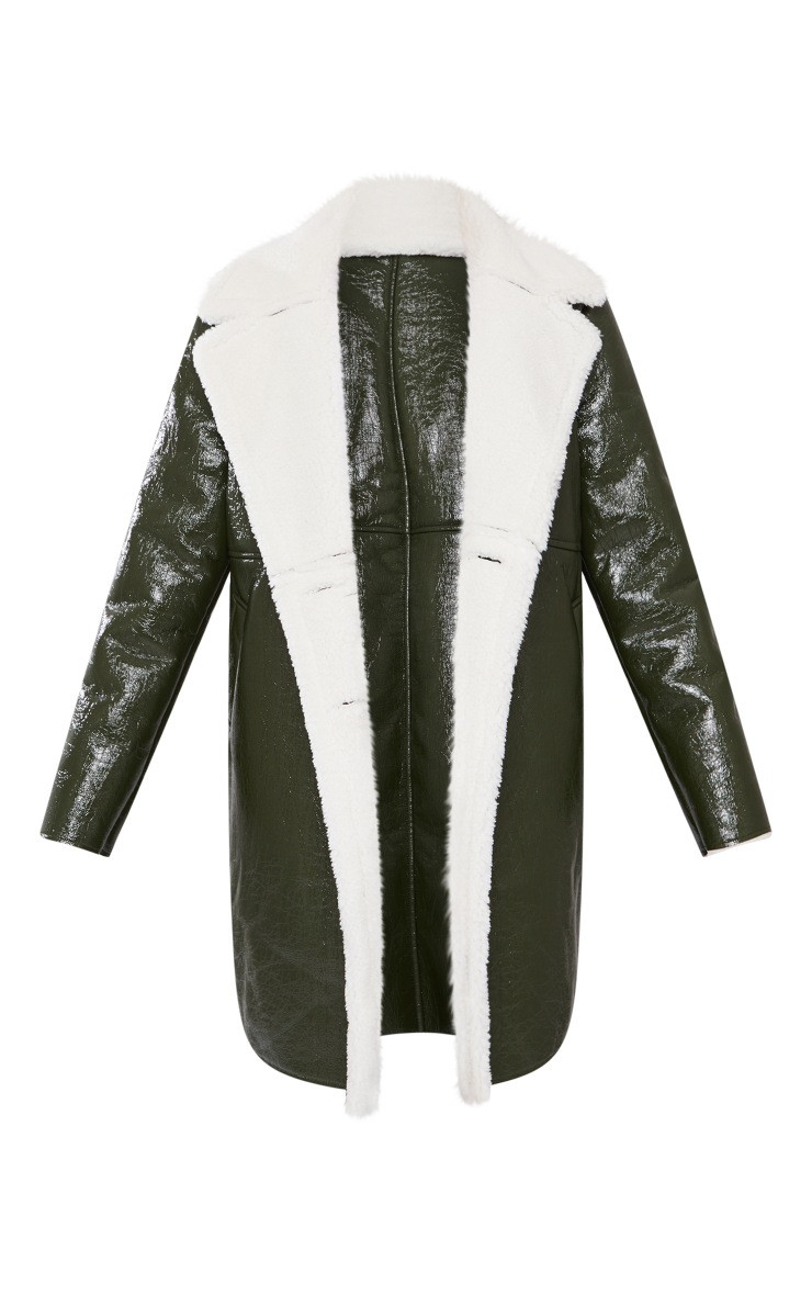 Petite Khaki Vinyl Borg Lined Oversized Coat | PrettyLittleThing US