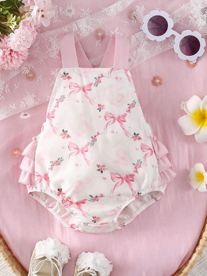 Baby Girls' 2pcs Cute Easter Rabbit & Floral Printed Striped Romper With Lace Splicing And Matchi... | SHEIN