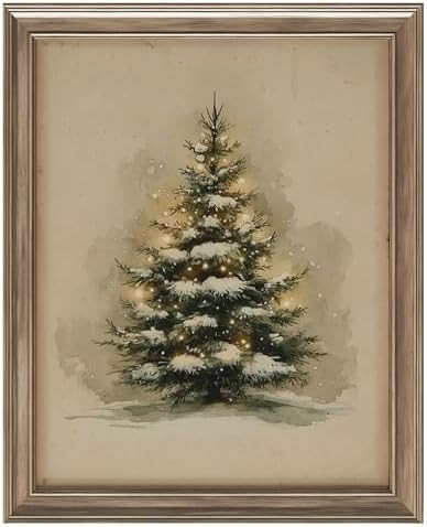 llguiidecal Vintage Watercolor Christmas Tree Wall Art Print, Rustic Snowy Pine Tree with Lights,... | Amazon (US)