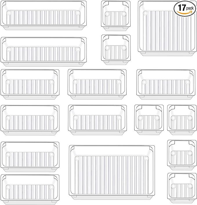 Qozary 17 Pack Clear Plastic Drawer Organizer Containers, Storage for Desk Drawers Trays, Kitchen... | Amazon (US)