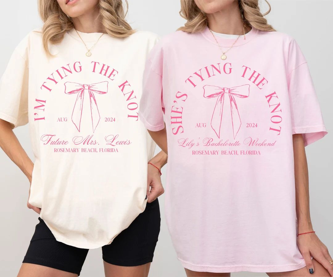 She's Tying the Knot Bachelorette Shirts, Custom Location Coquette Bow Them Bach, Bridal Party Fa... | Etsy (US)