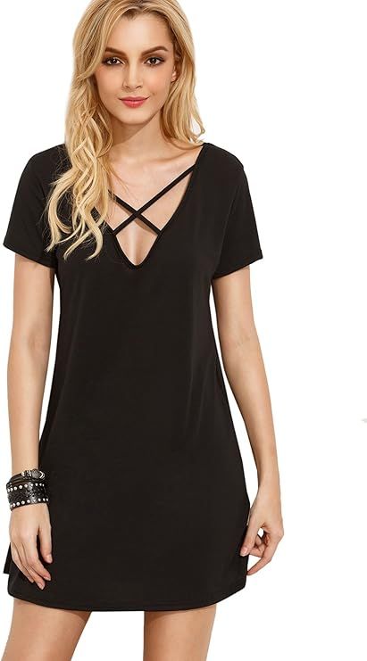 Romwe Women's Summer Short Sleeve Loose Tunic Casual T-Shirt Dress | Amazon (US)