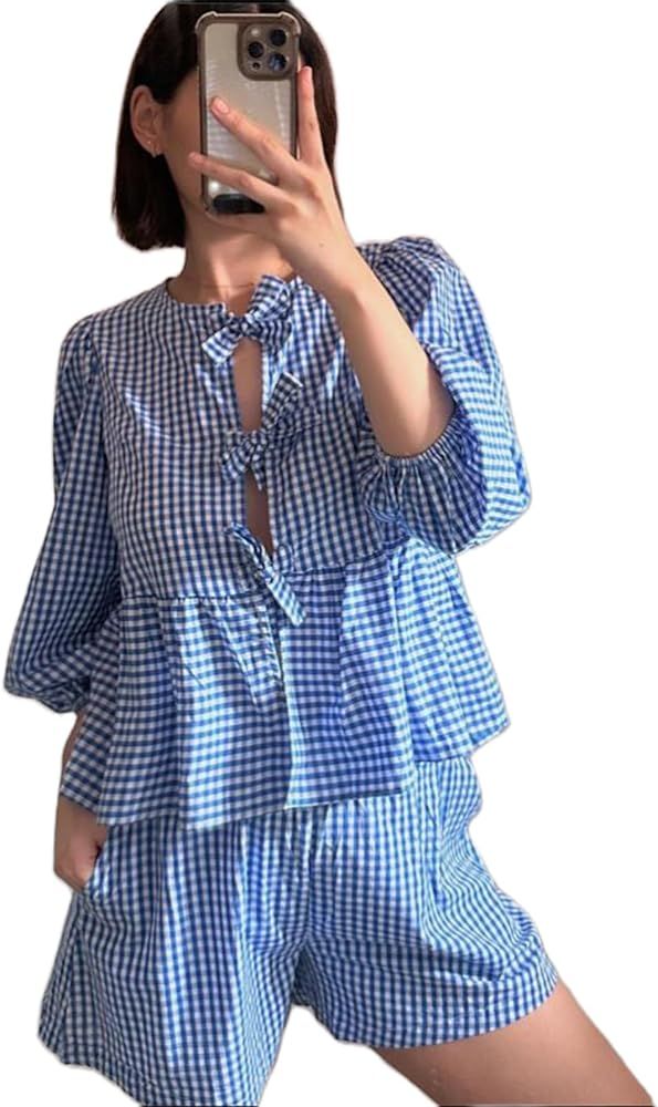 Plaid Shorts Pajama Set for Women Gingham Lounge Set Front Tie Puff Sleeve Babydoll Blouse Ruffle... | Amazon (US)