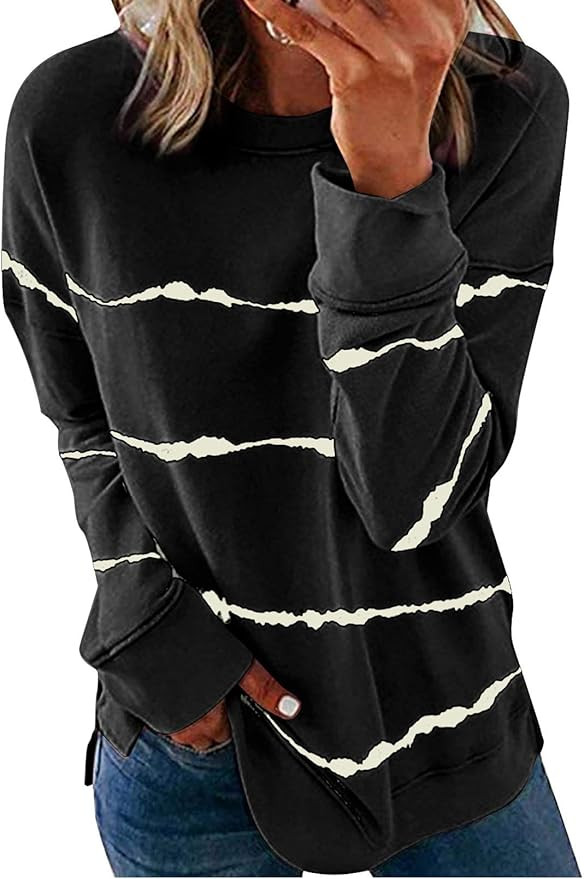 Biucly Womens Casual Crewneck Tie Dye Sweatshirt Striped Printed Loose Soft Long Sleeve Pullover ... | Amazon (US)