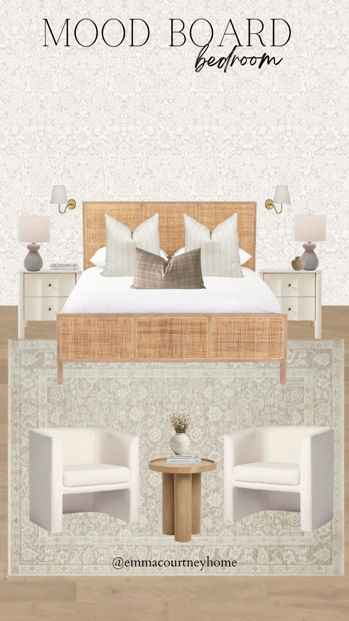 Bedroom mood board cane headboard from lulu and Georgia on sale. Barrel chairs from target studio McGee, rug, nightstands, lamps, sconce 

#LTKhome #LTKstyletip #LTKsalealert