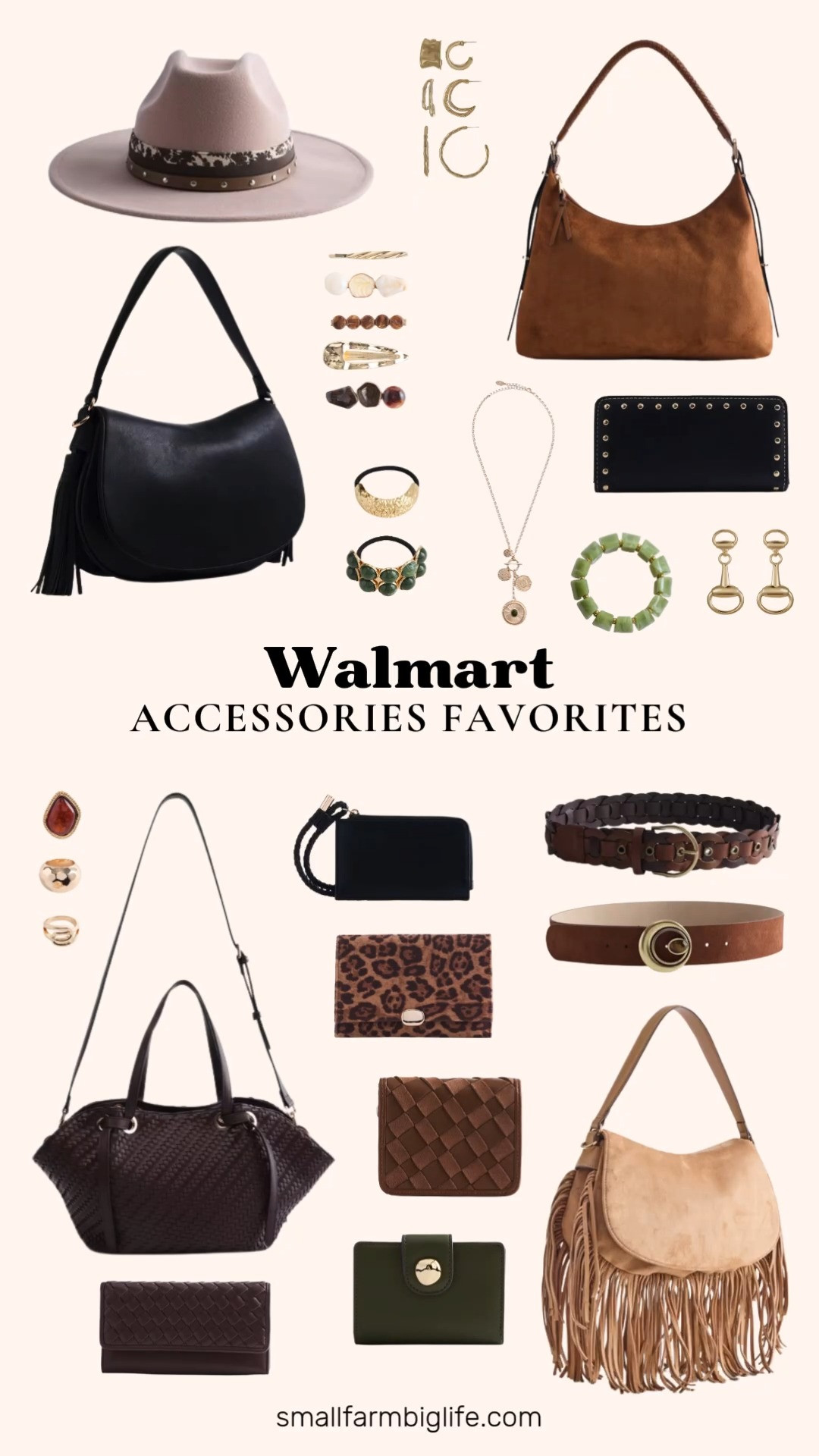 Walmart has been quietly killing it with fall accessories this season, and the Scenario brand is my new favorite for affordable pieces that still feel elevated. These are all easy ways to round out a cozy neutral fall wardrobe without spending a lot.

For hats and bags, the cattleman fedora in deep taupe is such a versatile fall staple, and the saddle bags in black faux leather and brown fringe both bring a western touch to any outfit. The mini clam tote in brown is a great everyday crossbody size, and the woven and studded wallets come in autumn brown, leopard, warm chocolate, and black to match whatever bag you are carrying.

On the belt side, the multi looped belt in brown and the stone buckle belt in tan are both perfect for cinching in an oversized sweater or jacket, and they layer beautifully with the fall color palette.

For jewelry, the textured hoop earrings and horsebit drop earrings in gold tone are easy everyday pieces, and the gold tone statement rings and medallion charm necklace add just the right amount of shine. The green marbled resin stretch bracelet and green cabochon hair ties bring in a fun pop of color, and the marbled stone hair clips in brown are great for pulling hair back on busy days.

Shop the full Walmart accessories favorites below to round out your fall wardrobe for less.

#LTKfindsunder50 #WalmartFinds #FallAccessories #FallFashion2026 #NeutralWardrobe #WesternStyle #AmazonFashionFinds #CozyFallStyle #AffordableFashion

#LTKOver40 #LTKWorkwear #LTKxWalmart