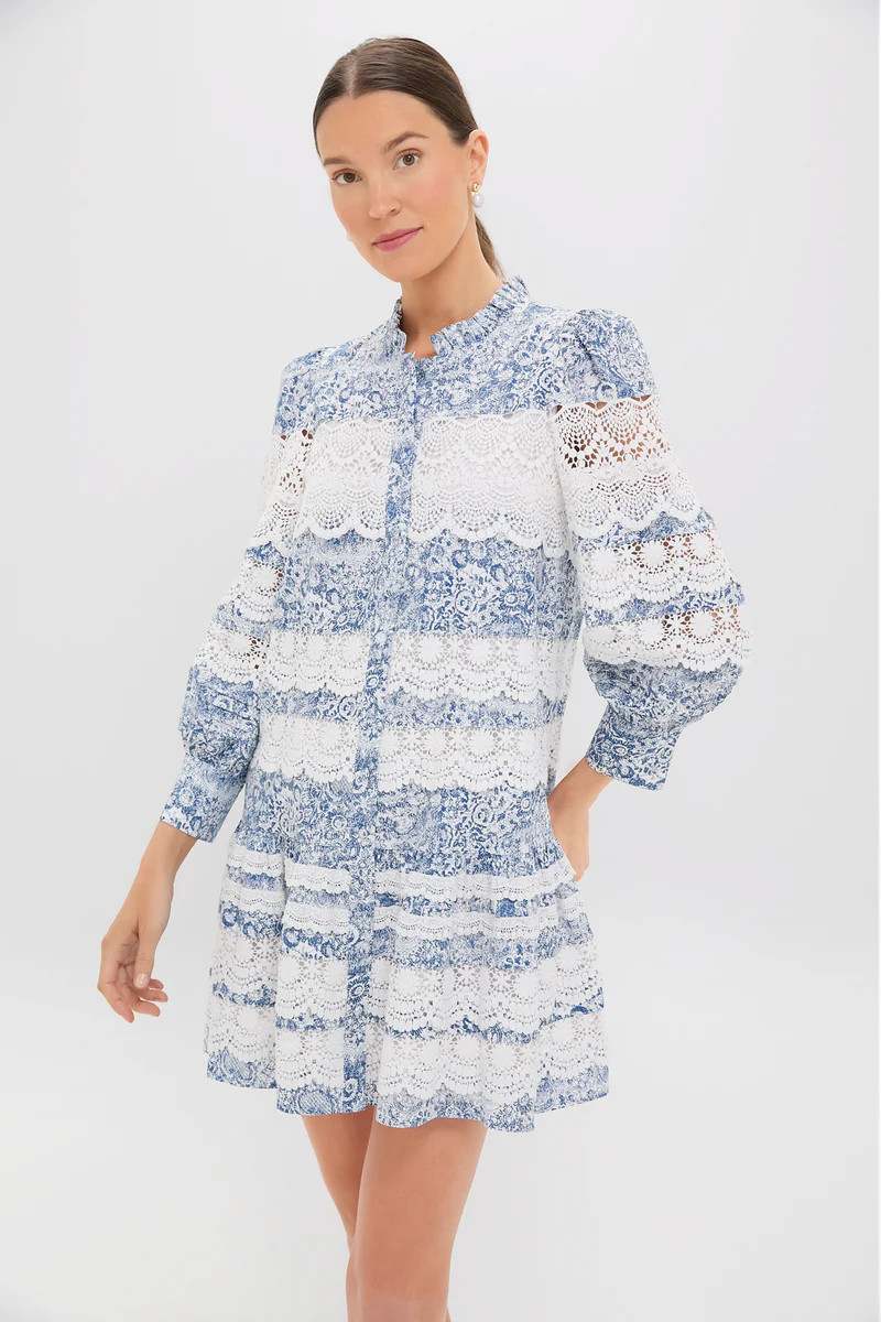 Lace Trim Blue Etched Floral Emmie Mini Dress | Tuckernuck (US)