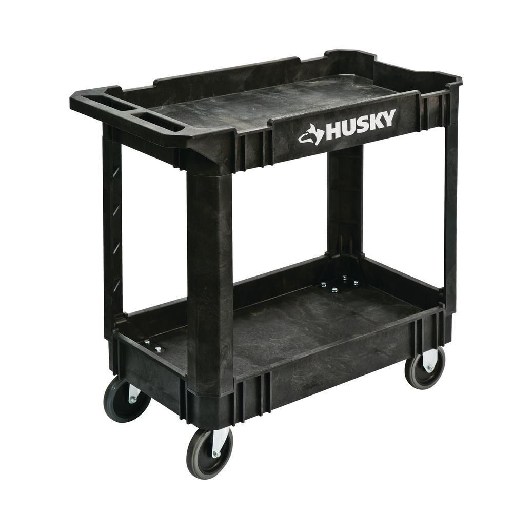 Husky 2-Tier Plastic 4-Wheeled Service Cart in Black with 500 lb. Capacity-410-113-0111 - The Hom... | The Home Depot