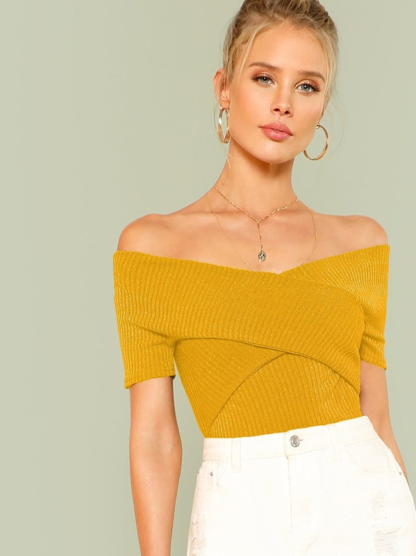 Wrap Design Bardot Ribbed Top | SHEIN
