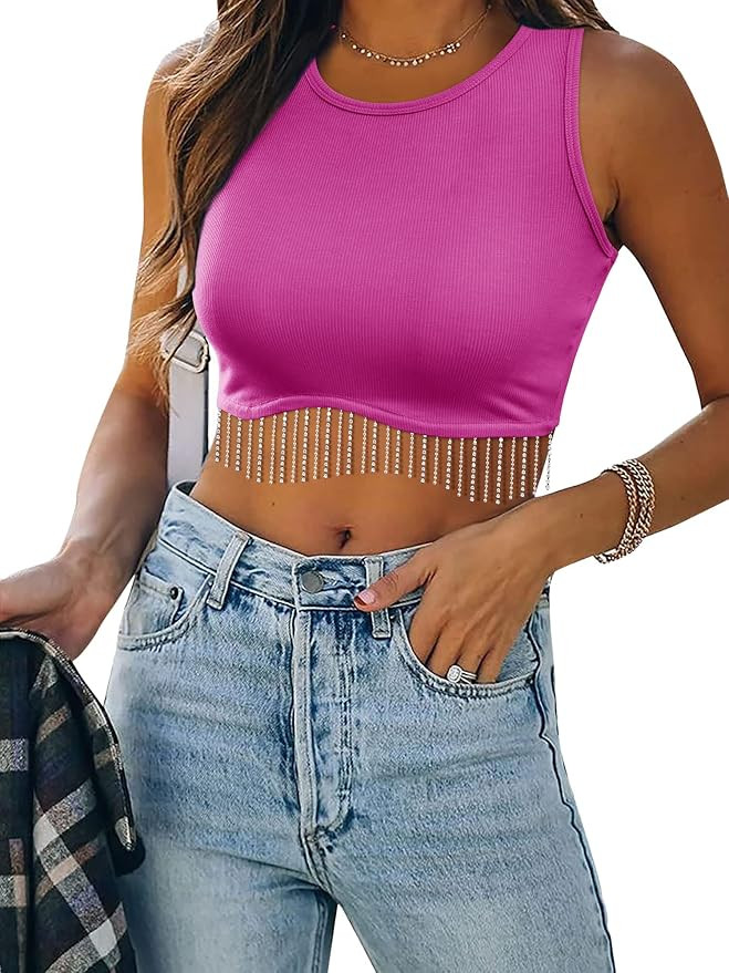 Womens Nashville Sparkly Rhinestone Fringe Sleeveless Crop Tops Y2K Raceback Ribbed Cropped Tank ... | Amazon (US)