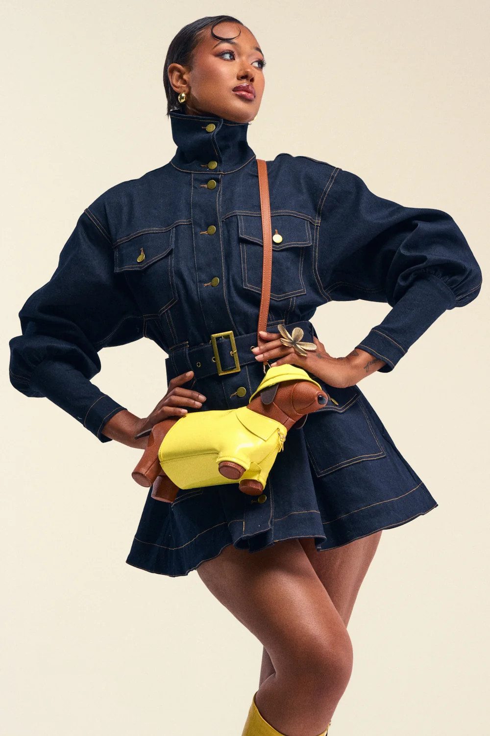 DAILY POWER BELTED DENIM MINI DRESS | AKIRA