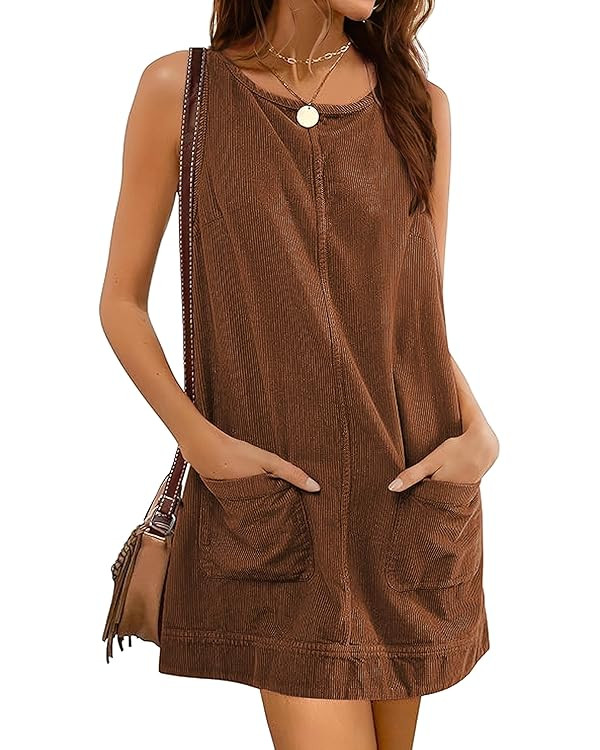 Hooever Women's Corduroy Overall Dress Round Neck A Line Skirtall Jumper Mini Dress Pinafore with... | Amazon (US)