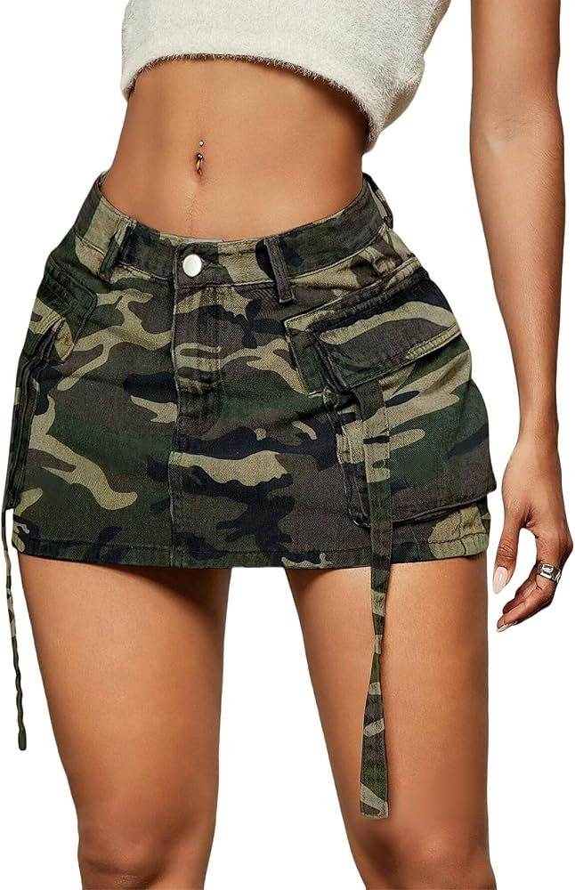 Cargo Skirt Women y2k Button Mini Jeans Skirt Denim Skirt with Pocket Low Waist | Amazon (US)