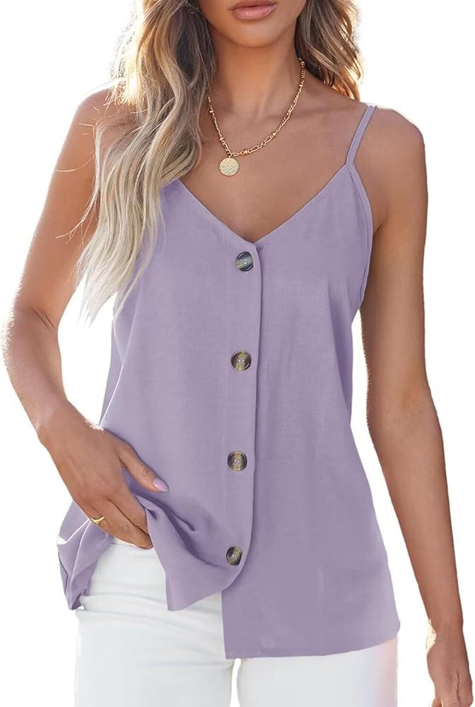 BLENCOT Women Button Down Tank Tops Loose Casual V Neck Strappy Summer Sleeveless Shirts Blouses ... | Amazon (US)