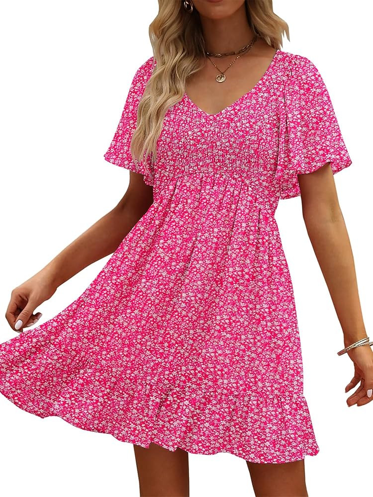 UEAL Womens Cute Floral Smocked V Neck Flutter Sleeve Sundress with Pockets Casual Spring Summer ... | Amazon (US)