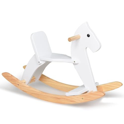 KRAND Wooden Rocking Horse Baby Ride On Toy for Toddlers Solid Wood Classic Design with Comfortable Pedal and Safe Backrest Ideal Gift for Kids (Classic, White) | Amazon (US)