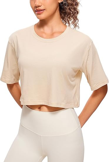 CRZ YOGA Women's Pima Cotton Workout Crop Tops Short Sleeve Yoga Shirts Casual Athletic Running T... | Amazon (US)