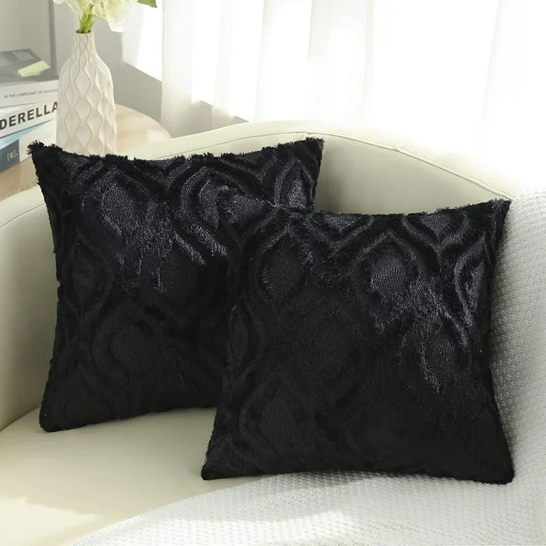 decorUhome Pack of 2 Throw Pillow Covers 22x22, Soft Plush Faux Wool Couch Pillow Covers, Black (... | Walmart (US)